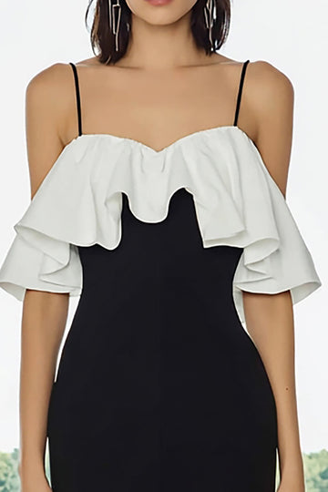 Bodycon Cold Shoulder Ruffled Black and White Midi Formal Dress